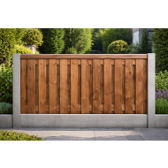 Tuinscherm bruin geïmpregneerd 180x75 cm met 21 rechte planken voor semi luxe hout-betonschutting met 36 cm betonplaat en afdekkap